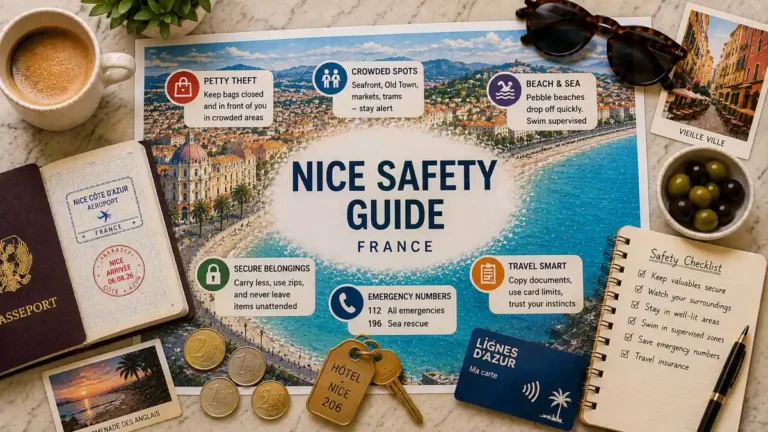 Top-down Nice safety planner with coastal map, passport, emergency notes, hotel key and travel checklist.