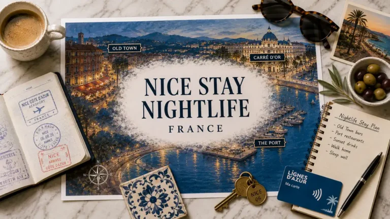 Top-down Nice nightlife stay planner with evening city map, passport, coffee, sunglasses and accommodation notes.