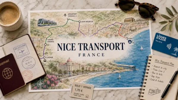Top-down Nice transport planner with city transit map, passport, tram ticket, coffee and travel notebook.