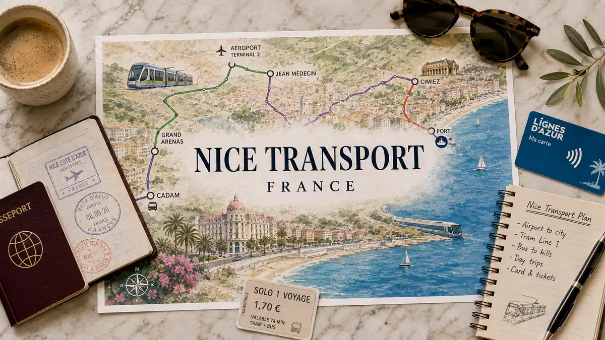 Getting Around Nice Without a Car: Tram, Bus and Tickets 2 Top-down Nice transport planner with city transit map, passport, tram ticket, coffee and travel notebook.