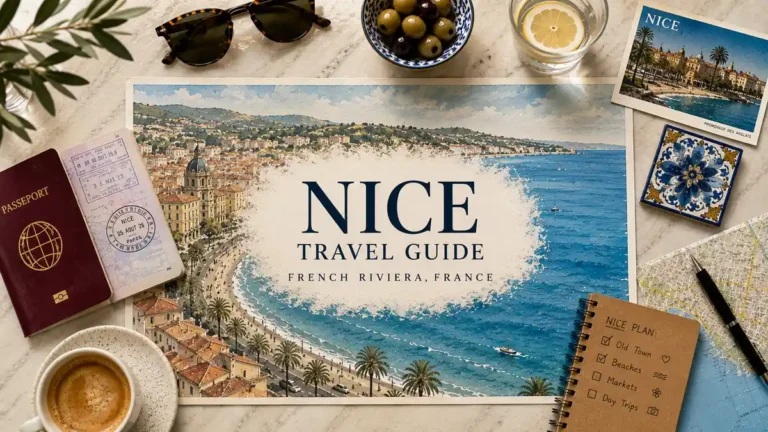 Travel to Nice, France: How Long, When, and Where to Base 9 Nice, France travel guide map with passport, coffee, postcard, city map, olives, sunglasses and a planning notebook.