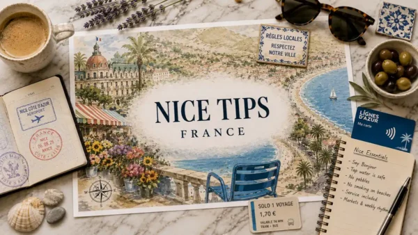 Top-down Nice travel tips planner with Riviera map, passport, coffee, sunglasses and local etiquette notes.