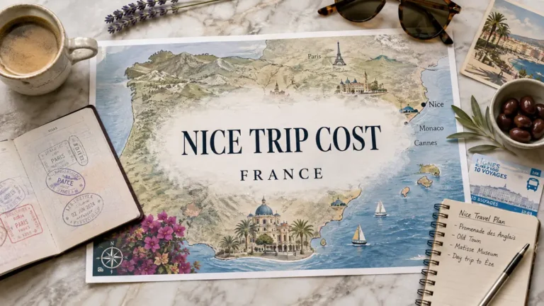 Top-down Nice trip cost planner with a France map, passport, coffee, sunglasses and travel notes.
