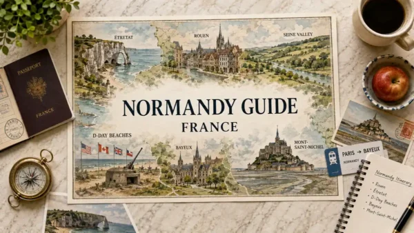 Travel to Normandy, France: How Long and Where to Base 5 Overhead Normandy travel map with Rouen, Étretat, Bayeux, D-Day beaches, Mont-Saint-Michel and travel-planning props.
