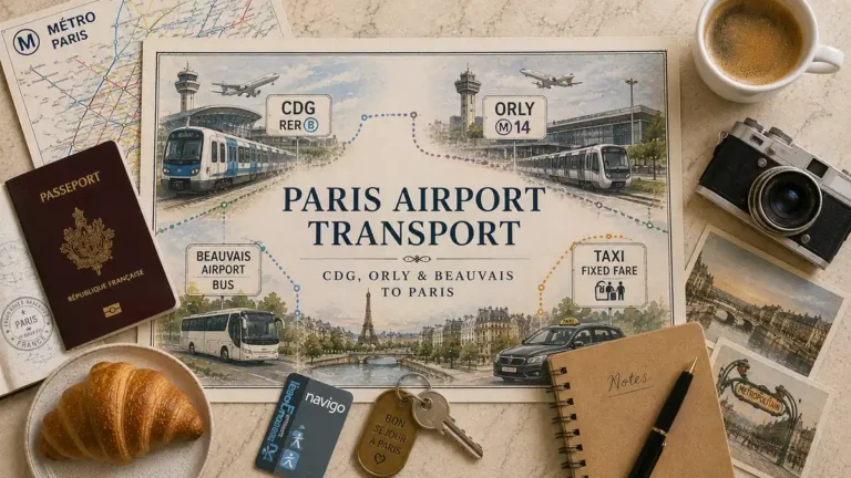 Paris airport transport flat lay with an illustrated route map for CDG, Orly and Beauvais, plus a passport, transit card, coffee, notebook, croissant and camera.