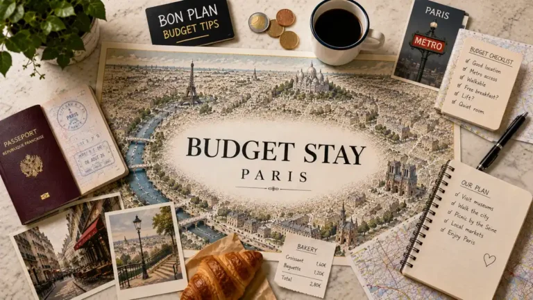 Paris budget stay planning flat lay with illustrated city map, passport, euro coins, coffee, croissant, transit materials, and travel notes.