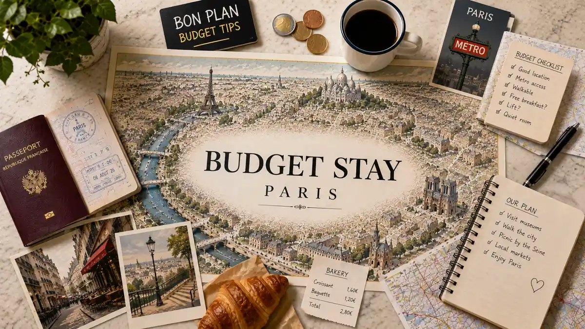 Where to Stay in Paris on a Budget 2 Paris budget stay planning flat lay with illustrated city map, passport, euro coins, coffee, croissant, transit materials, and travel notes.