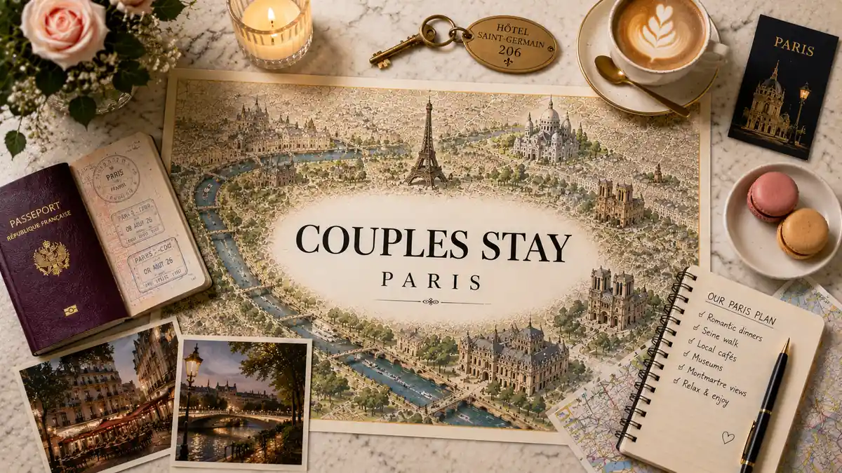 Where to Stay in Paris for Couples 2 Paris couples stay planning flat lay with illustrated city map, passport, hotel key, roses, coffee, candle, and travel notebook.