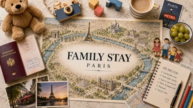 Paris family stay planning flat lay with illustrated city map, passport, travel toys, coffee, snacks, postcards, and planning notebook.