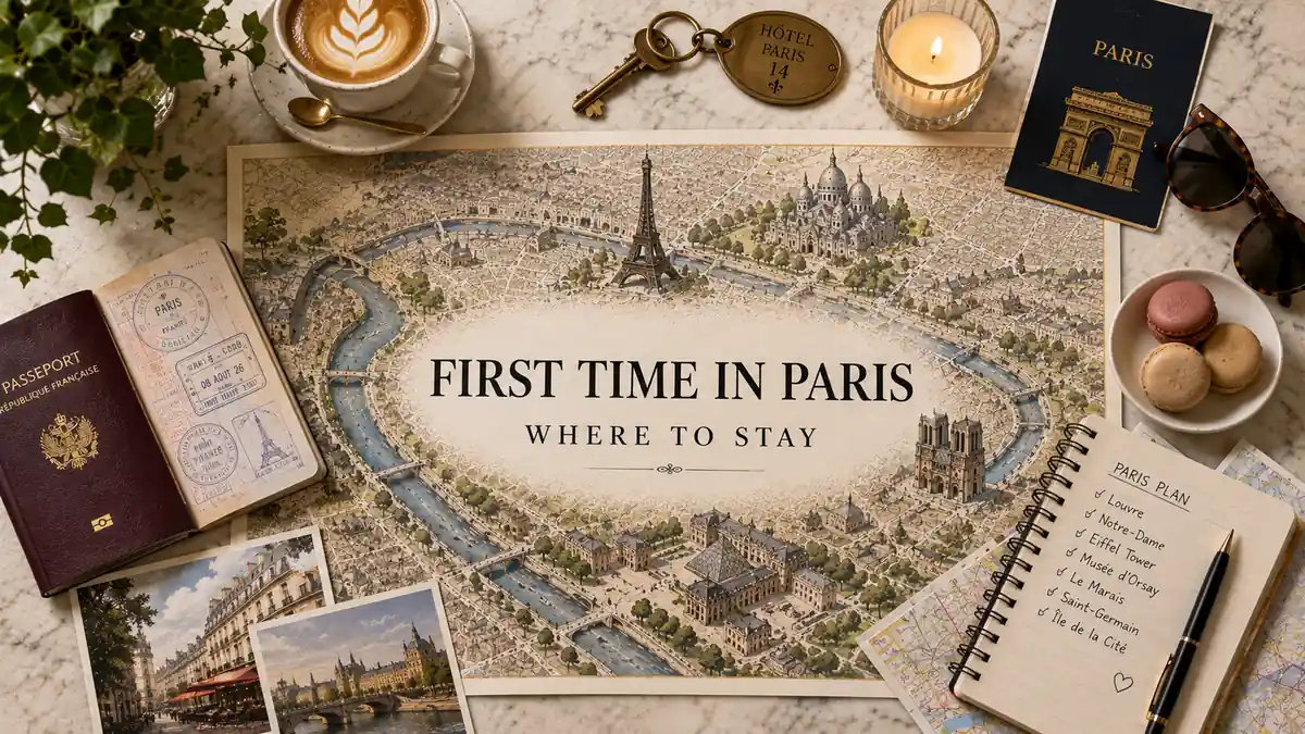 Where to Stay in Paris for First-Time Visitors 2 First-time Paris stay planning flat lay with city map, passport, hotel key, coffee, postcards, and itinerary notebook.