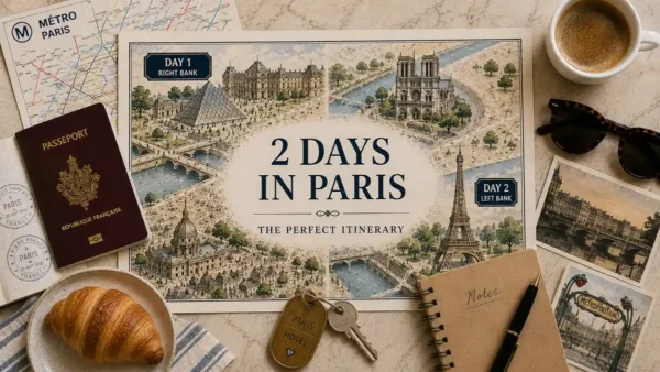 Two-day Paris itinerary flat lay with an illustrated city route map, passport, Metro map, coffee, hotel key, notebook, croissant and travel postcards.
