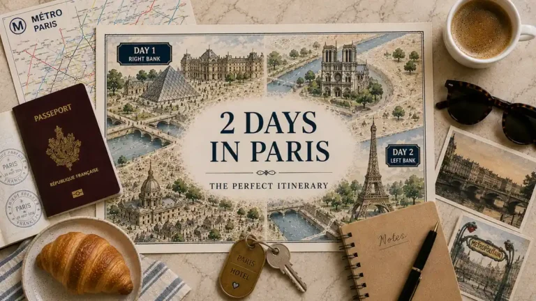 Two-day Paris itinerary flat lay with an illustrated city route map, passport, Metro map, coffee, hotel key, notebook, croissant and travel postcards.