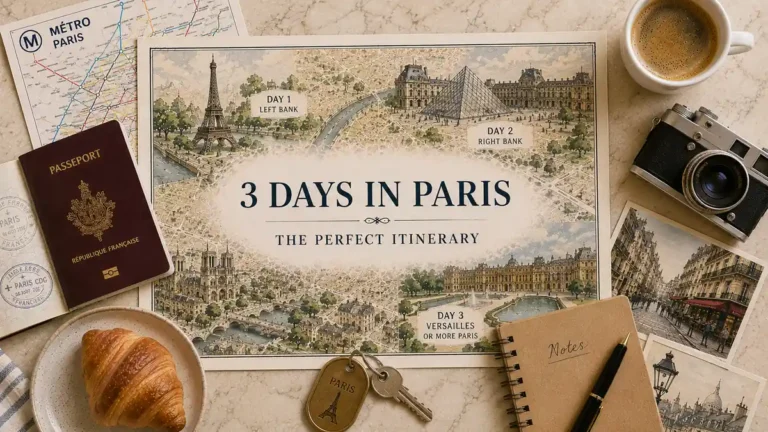 Three-day Paris itinerary flat lay with an illustrated city route map, passport, Metro map, coffee, key, notebook, croissant and travel postcards.