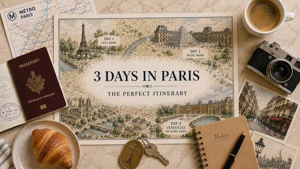 Paris Itinerary: How to Spend 3 Days in the Right Order 2 Three-day Paris itinerary flat lay with an illustrated city route map, passport, Metro map, coffee, key, notebook, croissant and travel postcards.