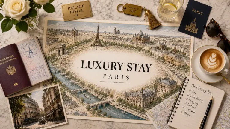 Luxury Paris stay planning flat lay with city map, passport, room key, coffee, and travel notebook.