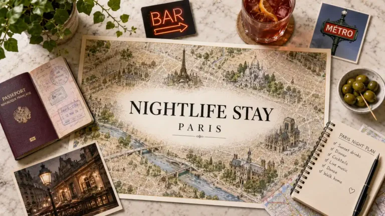 Paris nightlife planning flat lay with city map, passport, cocktail, metro sign, and night-out checklist.