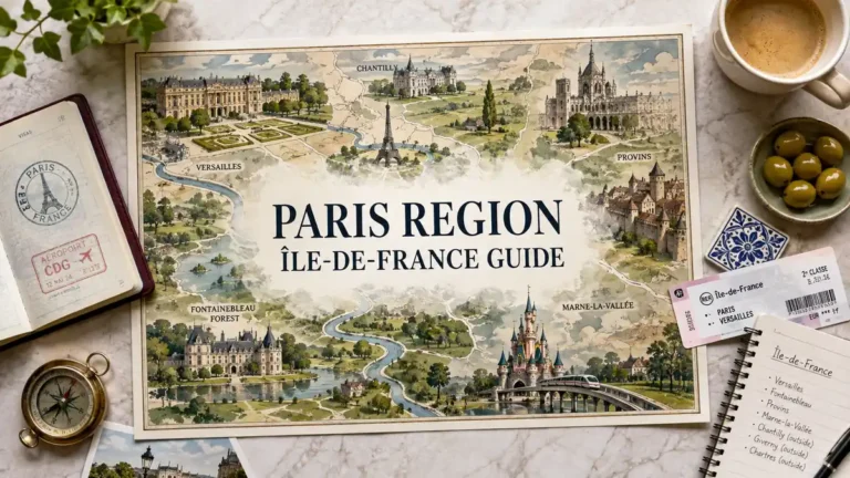Overhead Paris region travel map with Versailles, Fontainebleau, Provins, Marne-la-Vallée and travel-planning props.