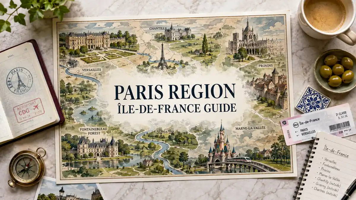Travel to the Paris Region, France: Beyond the City 2 Overhead Paris region travel map with Versailles, Fontainebleau, Provins, Marne-la-Vallée and travel-planning props.