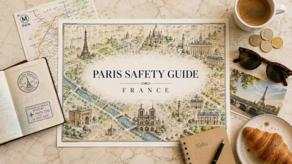 Paris safety travel flat lay with an illustrated city map, passport, Metro map, coffee, coins, sunglasses and a croissant.