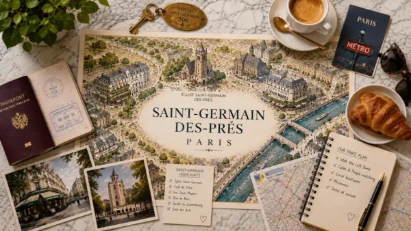 Saint-Germain-des-Prés planning flat lay with illustrated Paris map, passport, hotel key, coffee, croissant, postcards, and transit map.