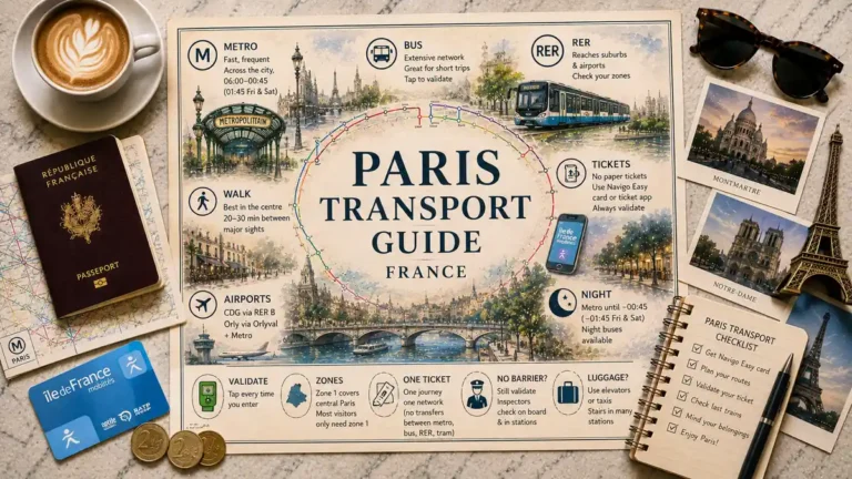 Overhead Paris transport planning flat lay with an illustrated transit map, French passport, metro card, coins, coffee, postcards, sunglasses, and a travel checklist.