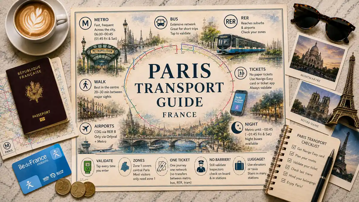 Getting Around Paris: Which Way to Go and What to Buy First 2 Overhead Paris transport planning flat lay with an illustrated transit map, French passport, metro card, coins, coffee, postcards, sunglasses, and a travel checklist.