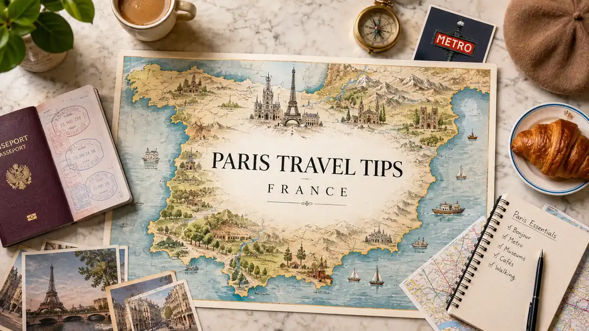 Paris Tips for First-Timers: What Most Visitors Get Wrong 2 Flat-lay Paris travel planning scene with a France map, open passport, metro map, café cup, croissant, and checklist.