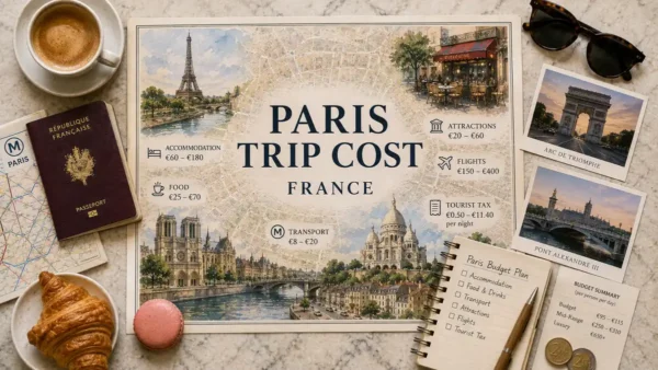 Overhead Paris travel-budget flat lay with an illustrated city map, French passport, metro map, coffee, croissant, macaron, postcards, euro coins, and a budget-planning notebook.