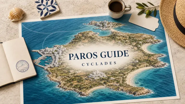 Paros travel guide flat lay with an Aegean island map, whitewashed harbour towns, beaches and olive groves