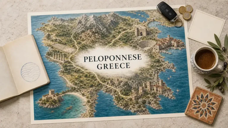Travel to the Peloponnese, Greece: How Long and Where to Base 7 Peloponnese travel planning flat lay with a peninsula map, ancient sites, Nafplio, mountain villages and coastal castles