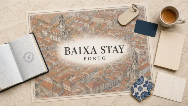 Porto Baixa stay flat lay with an illustrated rooftop map and central church towers