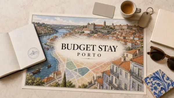 Porto budget stay flat lay with a neighborhood map, Douro river and tiled facades