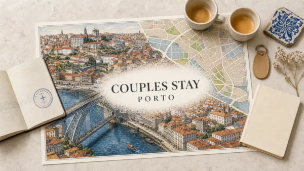 Porto couples stay flat lay with Douro river, Dom Luis I Bridge and neighborhood map
