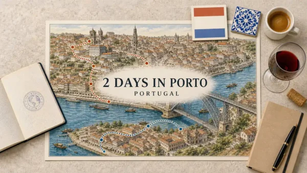 2 Days in Porto 5 Overhead Porto itinerary flat lay with an illustrated route through the historic centre, Dom Luís I Bridge and Vila Nova de Gaia.