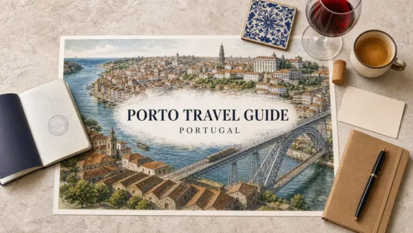 Travel to Porto, Portugal: How to Plan Your Trip 6 Overhead Porto travel flat lay with an illustrated Douro River, Dom Luís I Bridge, Ribeira and Vila Nova de Gaia.