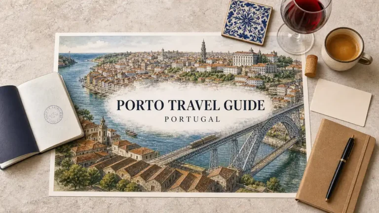 Home 16 Overhead Porto travel flat lay with an illustrated Douro River, Dom Luís I Bridge, Ribeira and Vila Nova de Gaia.
