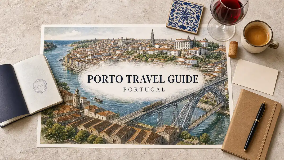 Travel to Porto, Portugal: How to Plan Your Trip 2 Overhead Porto travel flat lay with an illustrated Douro River, Dom Luís I Bridge, Ribeira and Vila Nova de Gaia.