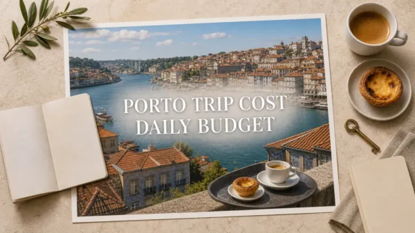Porto trip cost flat lay with Douro panorama, espresso and pastel de nata
