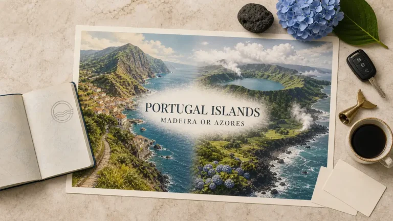 Portugal islands comparison flat lay with Madeira mountains and an Azores volcanic crater landscape