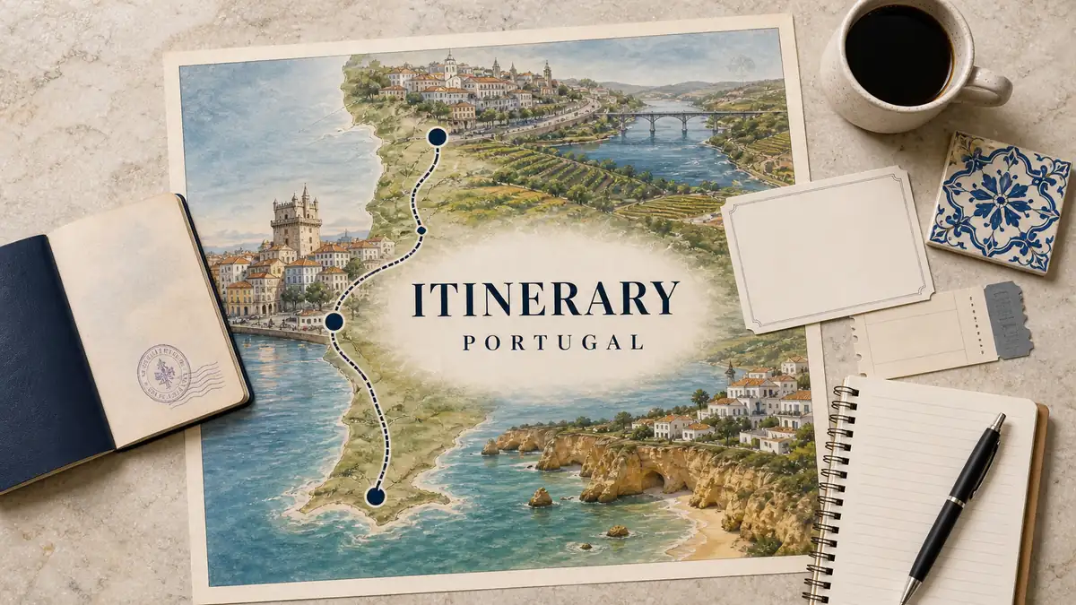 Portugal Itinerary: How Many Days You Need and Which Route Fits 2 Overhead Portugal itinerary flat lay with a route linking northern vineyards, Lisbon riverfront and Algarve cliffs.