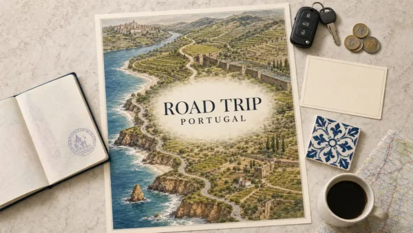 Overhead Portugal road trip flat lay with a winding coastal route through vineyards, walled countryside and Atlantic cliffs.
