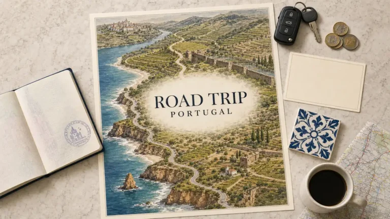 Overhead Portugal road trip flat lay with a winding coastal route through vineyards, walled countryside and Atlantic cliffs.