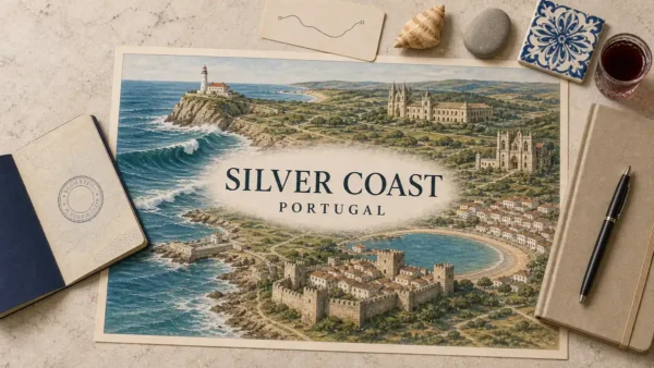 Overhead Portugal Silver Coast flat lay with an illustrated Atlantic wave, lighthouse, walled town, bay and monasteries.