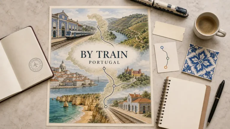 Portugal train itinerary flat lay with a north-to-south rail map linking Porto, Lisbon, Sintra and the Algarve