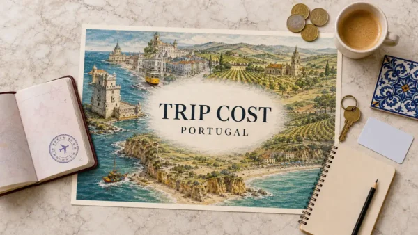 Overhead Portugal trip-cost flat lay with coastal cities, vineyards, euro coins, room key and budget notebook.