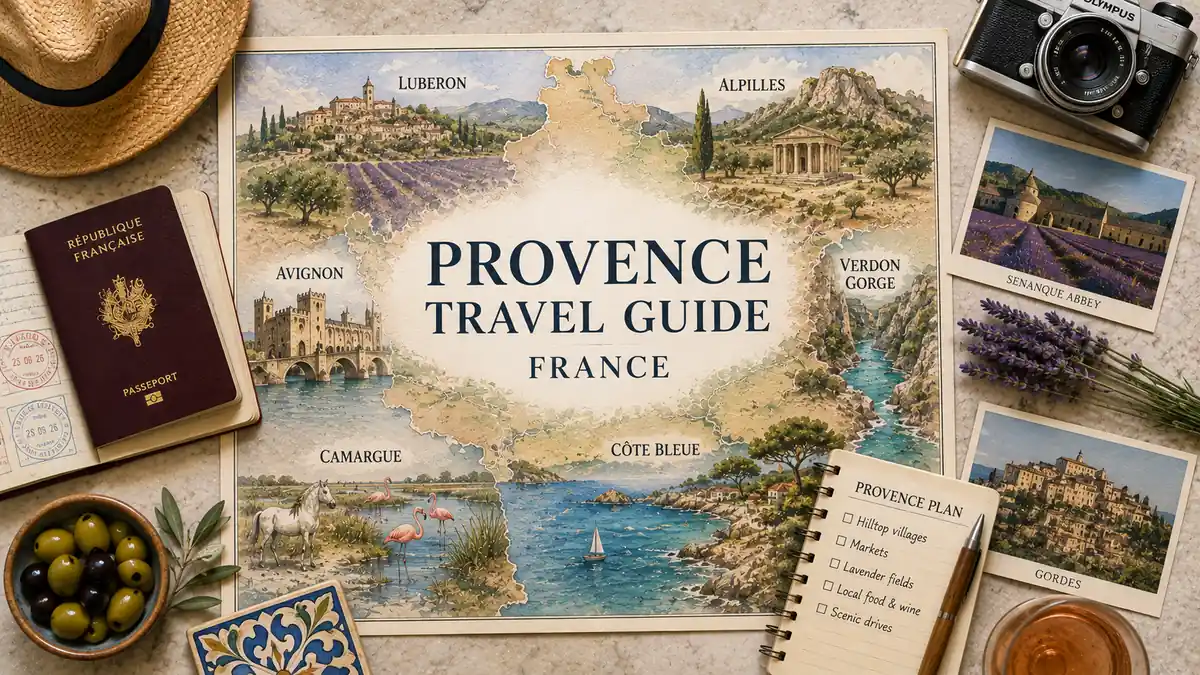 Travel to Provence, France: Areas, Bases & Days You Need 2 Overhead flat lay with an illustrated Provence map, French passport, lavender, olives, postcards, travel notebook, and rosé.