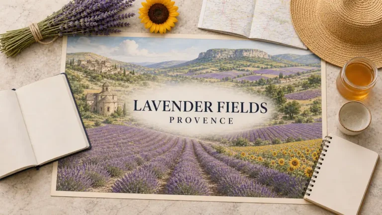 Provence Lavender Fields: Where to Go and When to Be There 1 Overhead Provence lavender flat lay with an illustrated plateau of purple fields, hill villages, stone abbey and sunflowers, framed by travel props.