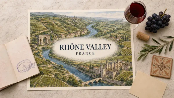 Overhead Rhône Valley travel flat lay with an illustrated river corridor, terraced vineyards, Roman arch, Avignon skyline and wine props.