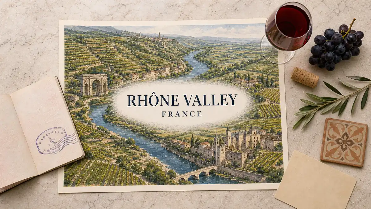 Overhead Rhône Valley travel flat lay with an illustrated river corridor, terraced vineyards, Roman arch, Avignon skyline and wine props.