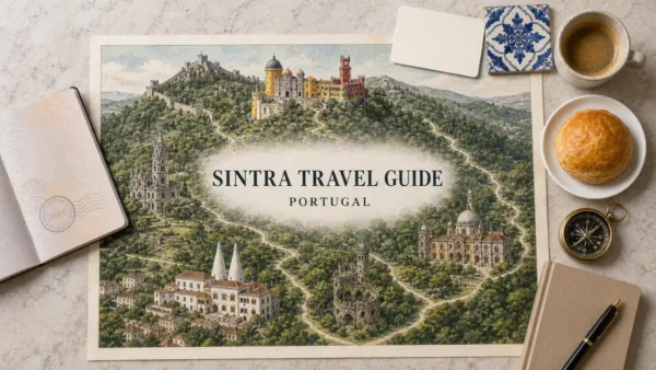 Sintra Travel Guide 6 Overhead Sintra travel flat lay with an illustrated wooded ridge, Pena Palace, Moorish Castle and historic palaces.